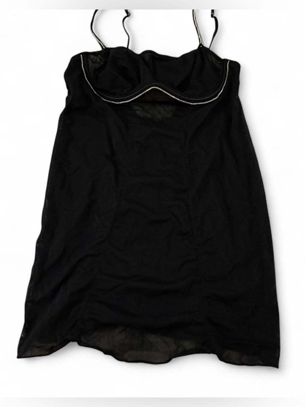 Sheer Black Slip Dress Nightgown with Rhinestone Trim